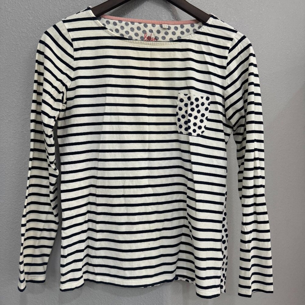 Boden Women's Striped/Polka Dot Boatneck T-Shirt Long Sleeve White Black Size 6
